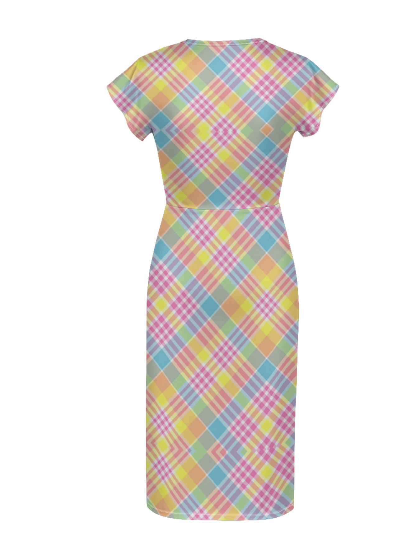 Rainbow Plaid Cap Sleeve V-Neck Midi Dress