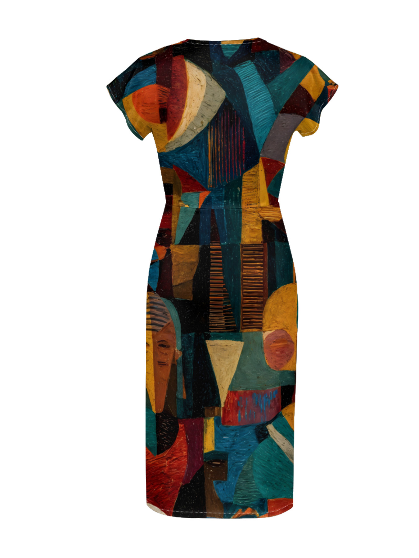 Cubist Print Cap Sleeve V-Neck Midi Dress