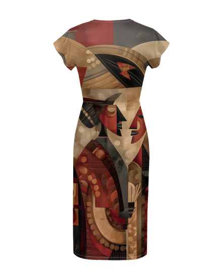 Vintage Abstract Cap Sleeve V-Neck Midi Dress