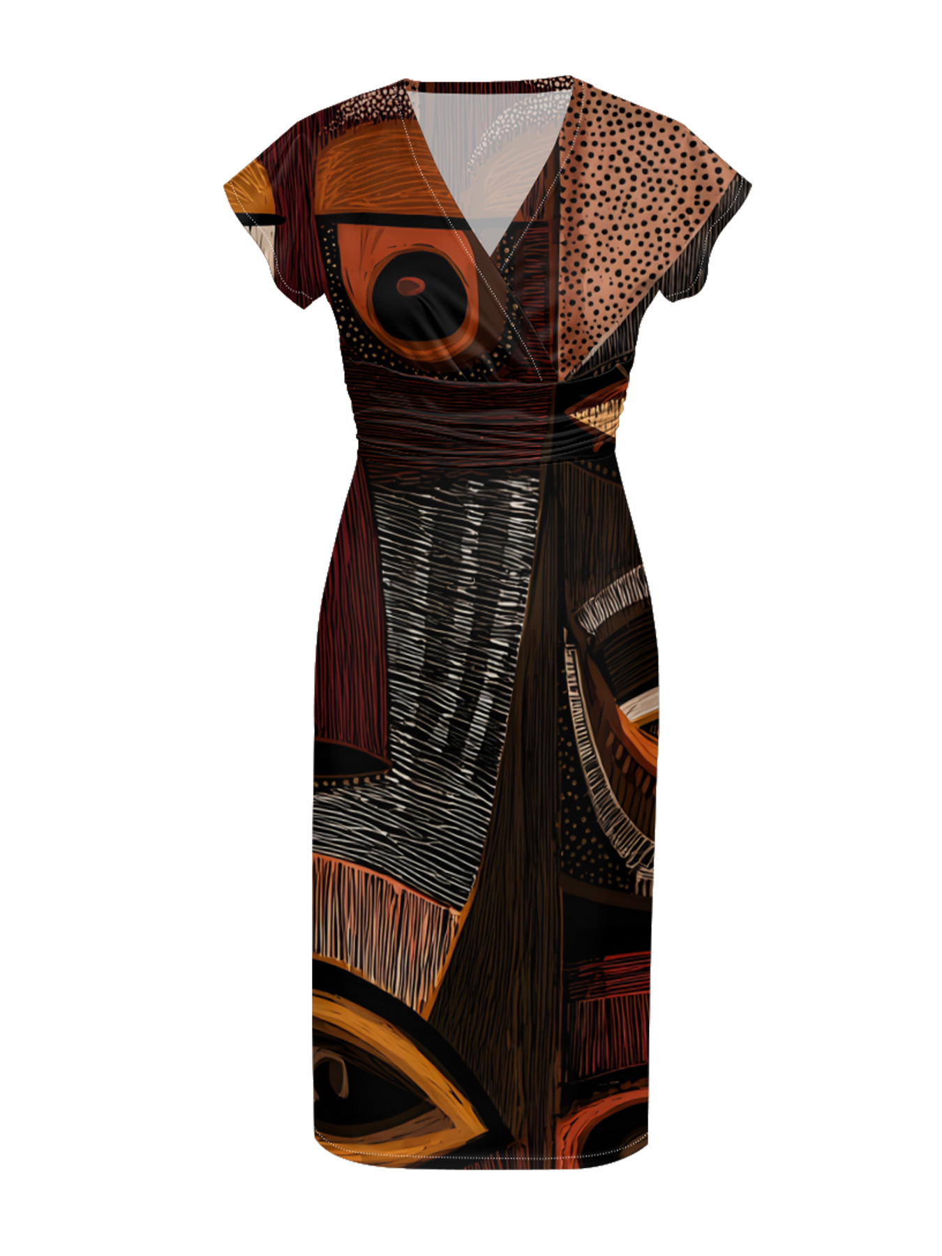 Tribal Patchwork Cap Sleeve V-Neck Midi Dress