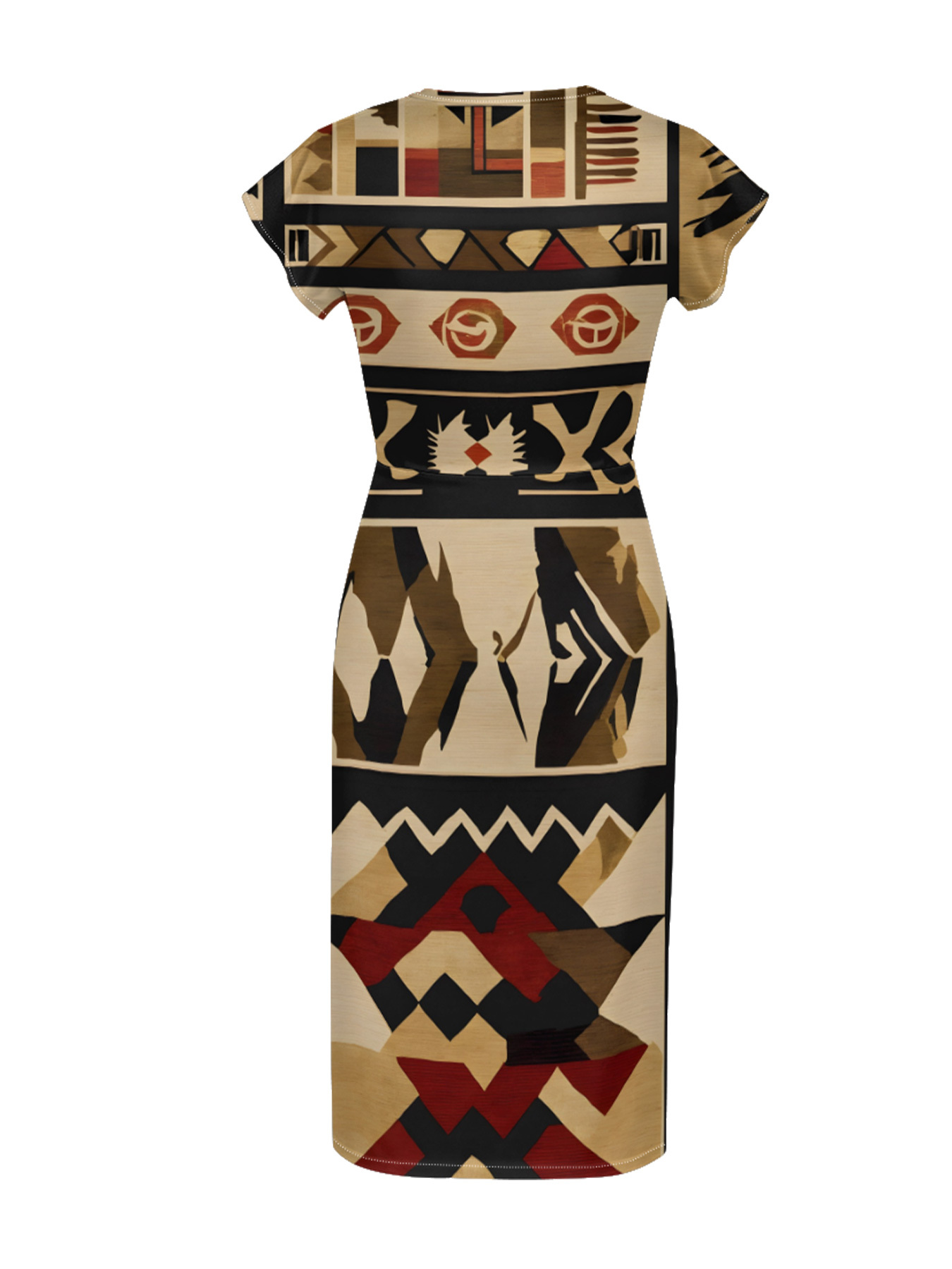 Beige-Red Tribal Cap Sleeve V-Neck Midi Dress