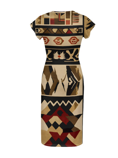 Beige-Red Tribal Cap Sleeve V-Neck Midi Dress