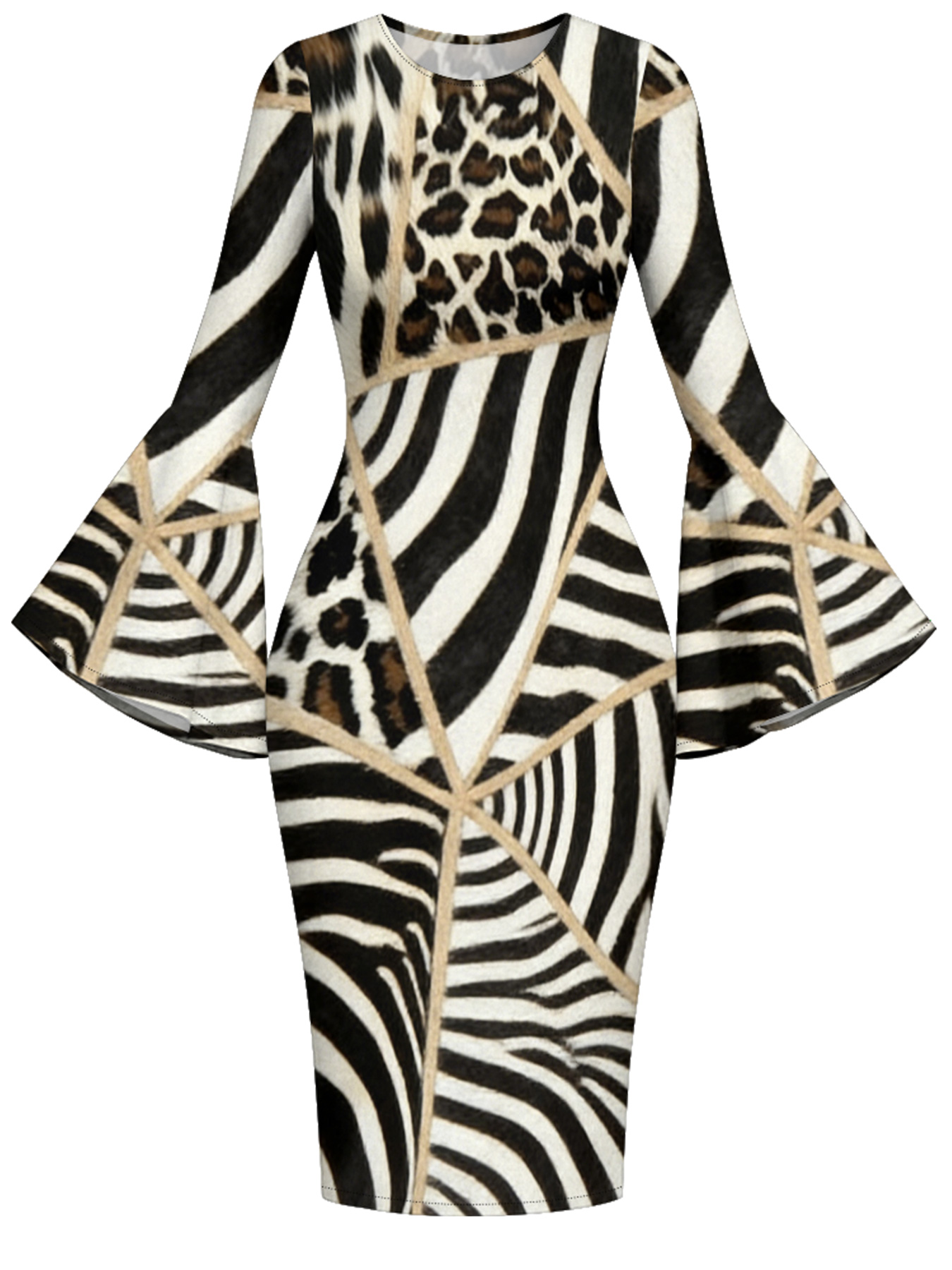 Zebra & Leopard Patchwork Flare Sleeve Bodycon Midi Dress