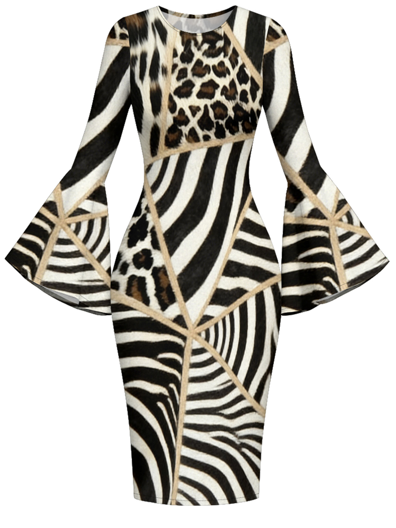 Zebra & Leopard Patchwork Flare Sleeve Bodycon Midi Dress