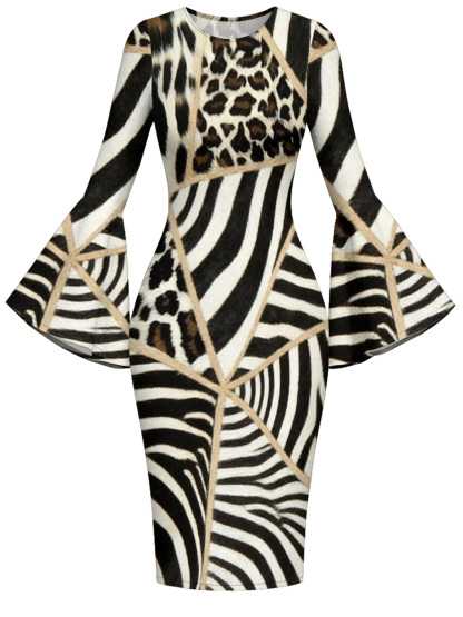 Zebra & Leopard Patchwork Flare Sleeve Bodycon Midi Dress