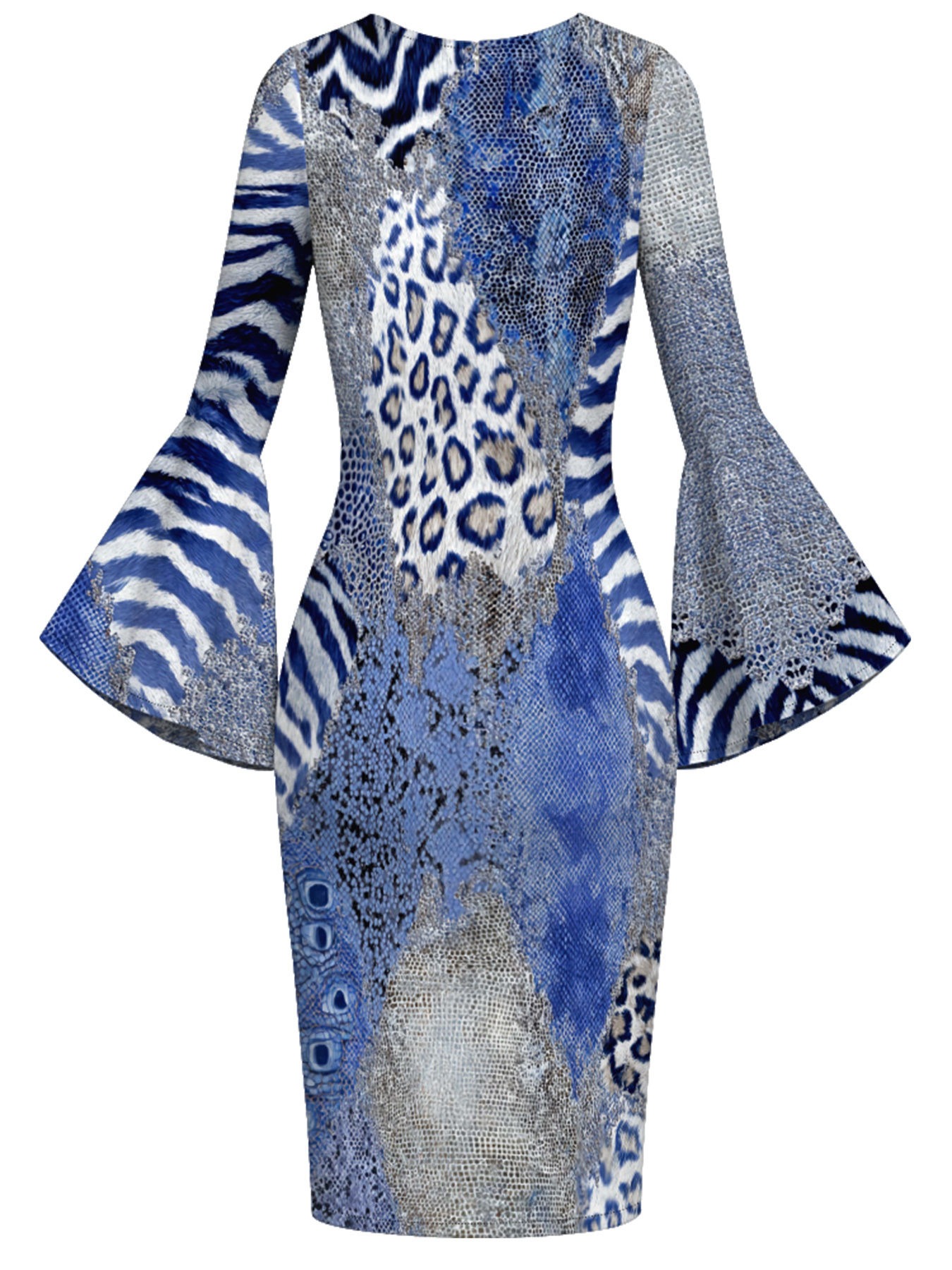 Blue Mixed Animal Print Flare Sleeve Bodycon Midi Dress