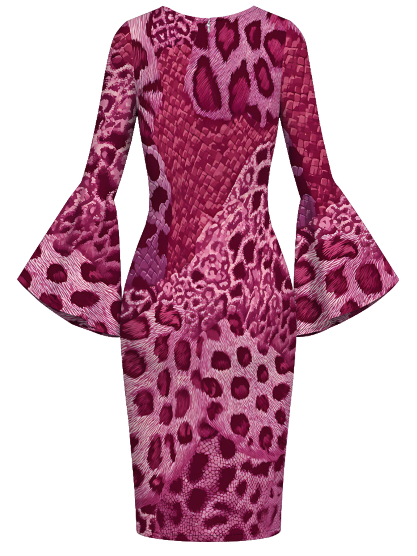 Berry Pink Mixed Animal Print Bell Flare Sleeve Bodycon Midi Dress