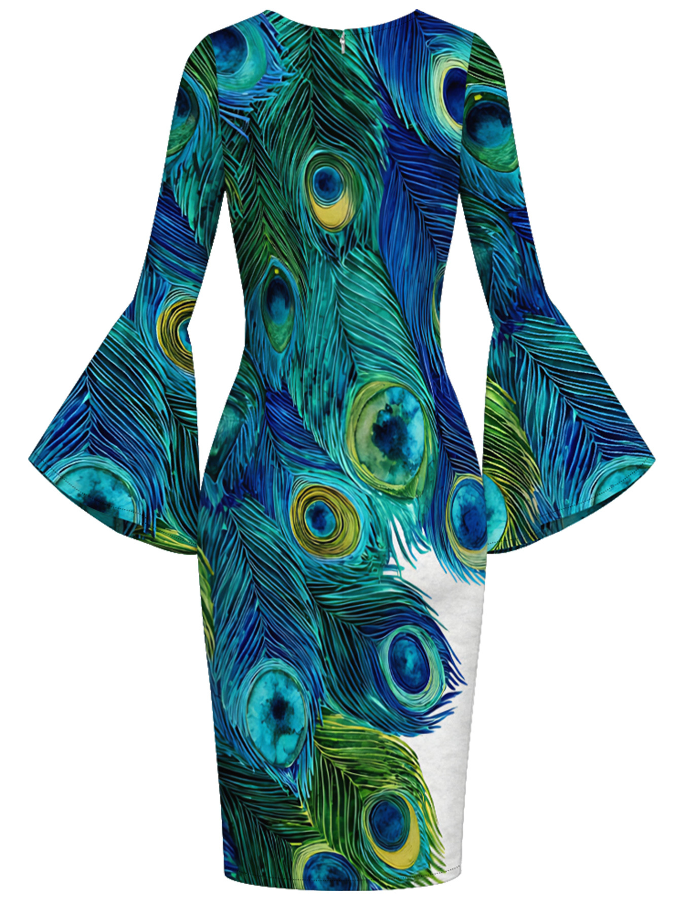 Peacock Feather Print Bell Flare Sleeve Bodycon Midi Dress