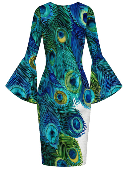 Peacock Feather Print Bell Flare Sleeve Bodycon Midi Dress