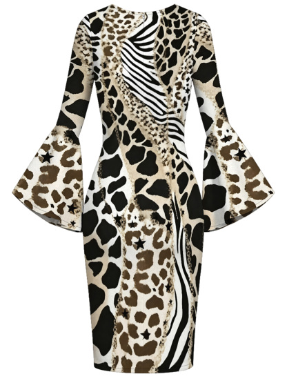 Neutral Mixed Animal Print Bell Flare Sleeve Bodycon Midi Dress