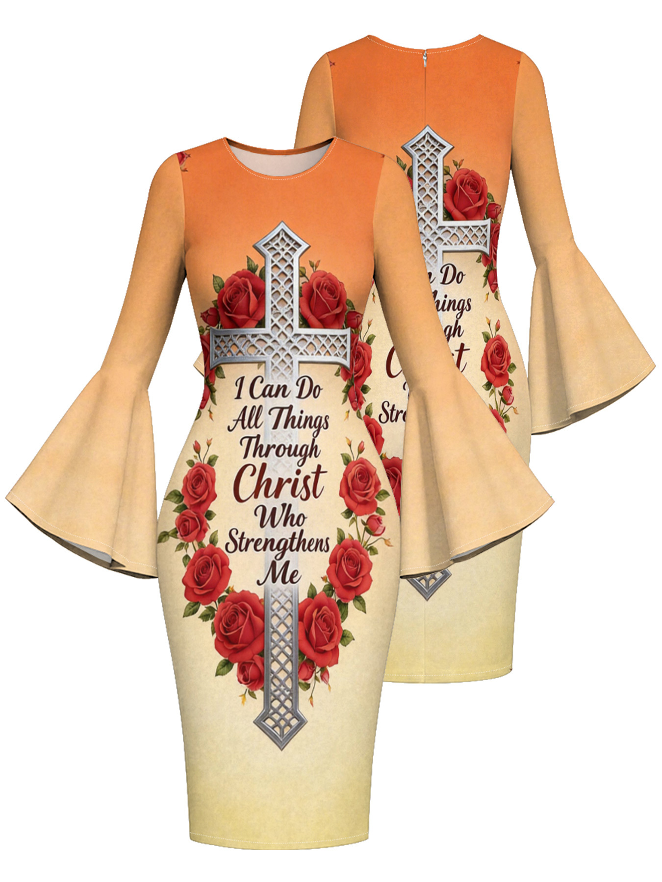 Gradient Orange-Yellow Scripture Cross Easter Flare Sleeve Bodycon Midi Dress