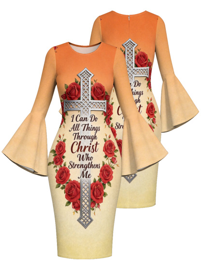 Gradient Orange-Yellow Scripture Cross Easter Flare Sleeve Bodycon Midi Dress