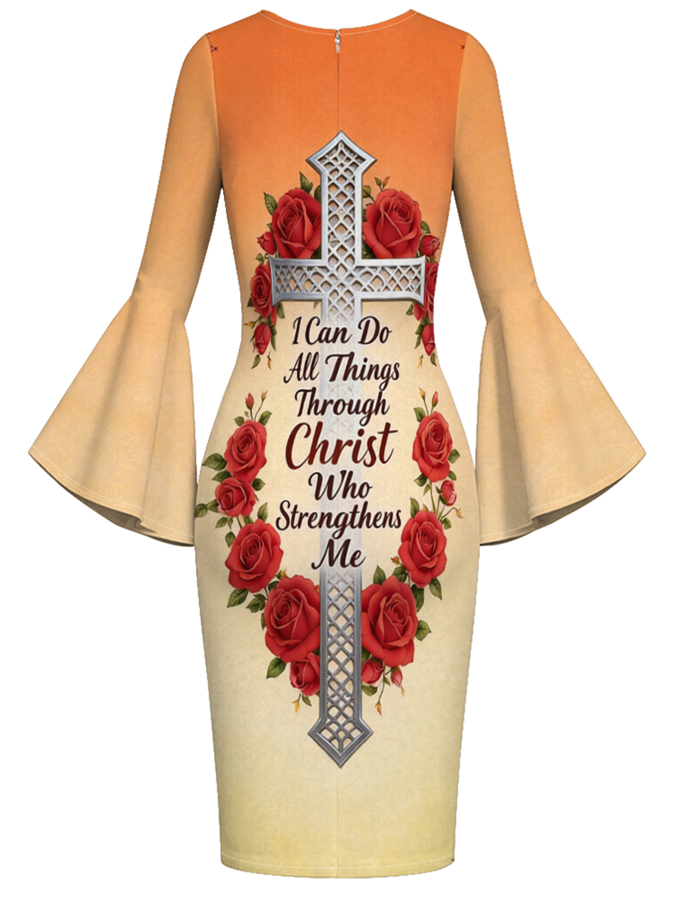 Gradient Orange-Yellow Scripture Cross Easter Flare Sleeve Bodycon Midi Dress