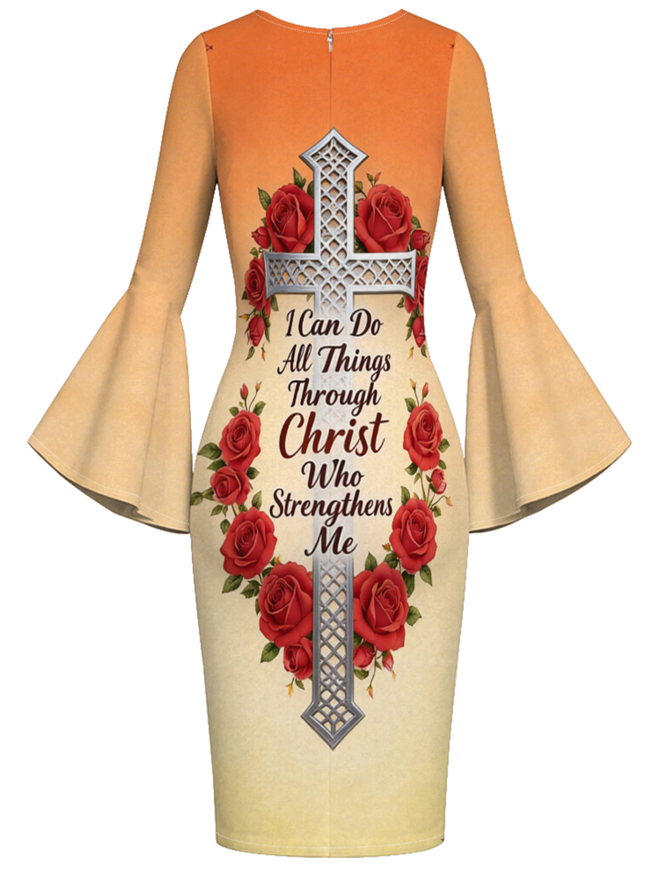 Gradient Orange-Yellow Scripture Cross Easter Flare Sleeve Bodycon Midi Dress