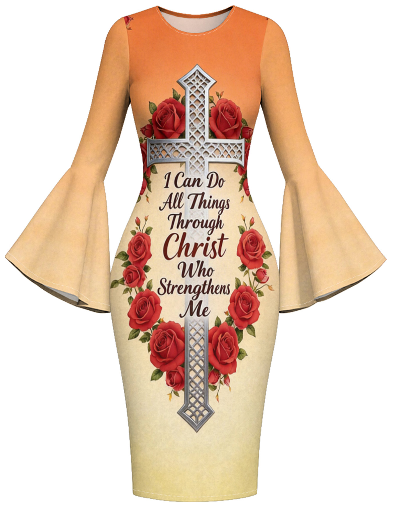Gradient Orange-Yellow Scripture Cross Easter Flare Sleeve Bodycon Midi Dress