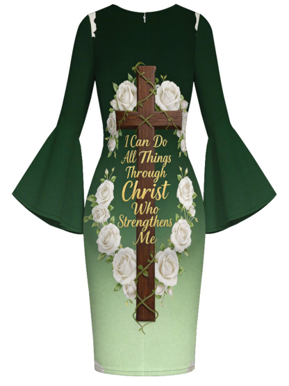 Ombre Green Christian Cross Easter Flare Sleeve Bodycon Midi Dress