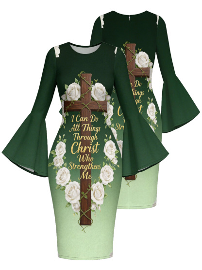 Ombre Green Christian Cross Easter Flare Sleeve Bodycon Midi Dress