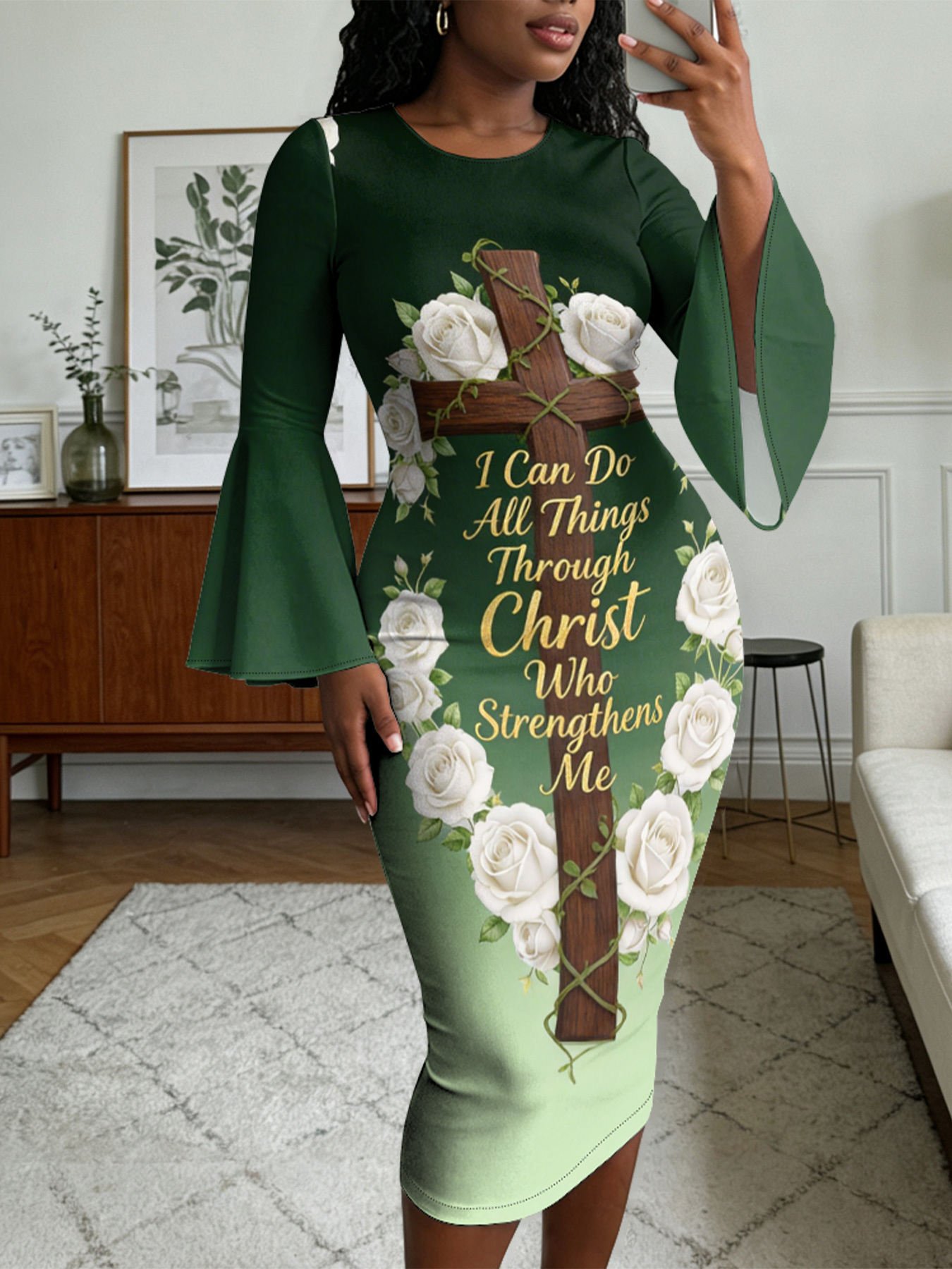 Ombre Green Christian Cross Easter Flare Sleeve Bodycon Midi Dress