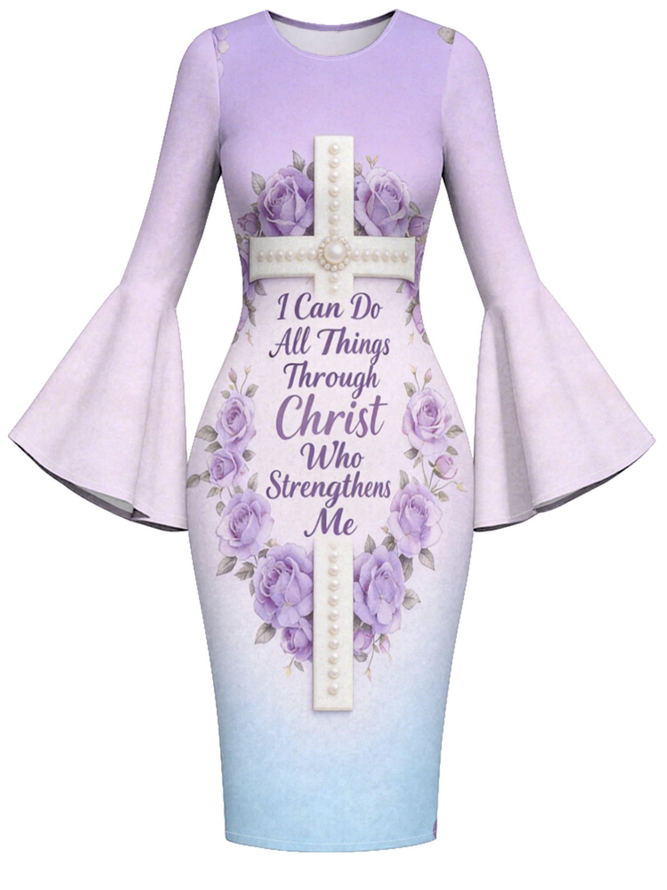 Ombre Purple-Blue Pearl Cross Easter Flare Sleeve Bodycon Midi Dress