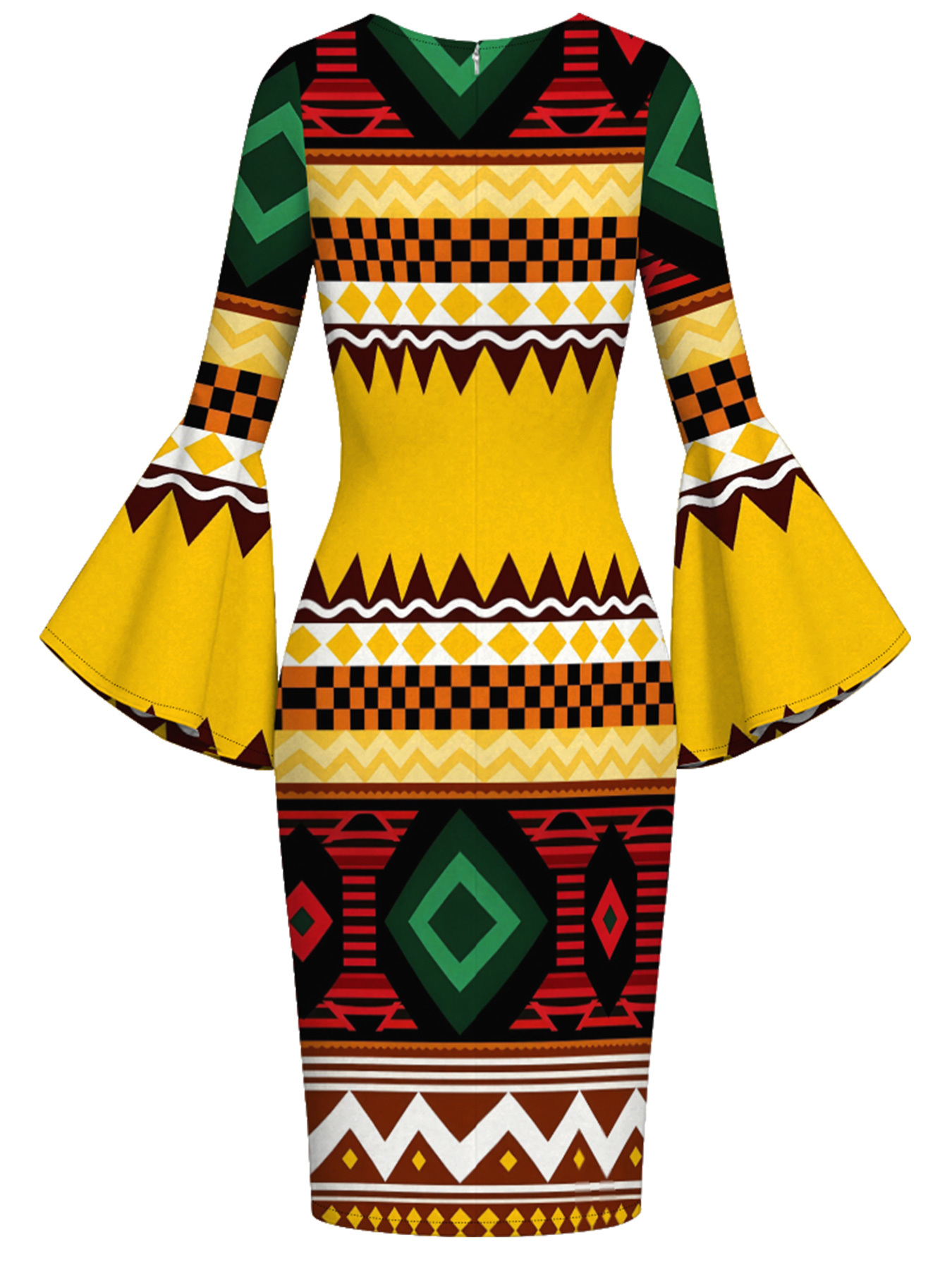 Warm-Tone Tribal Geometric Easter Flare Sleeve Bodycon Midi Dress