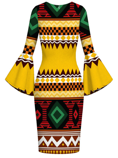Warm-Tone Tribal Geometric Easter Flare Sleeve Bodycon Midi Dress