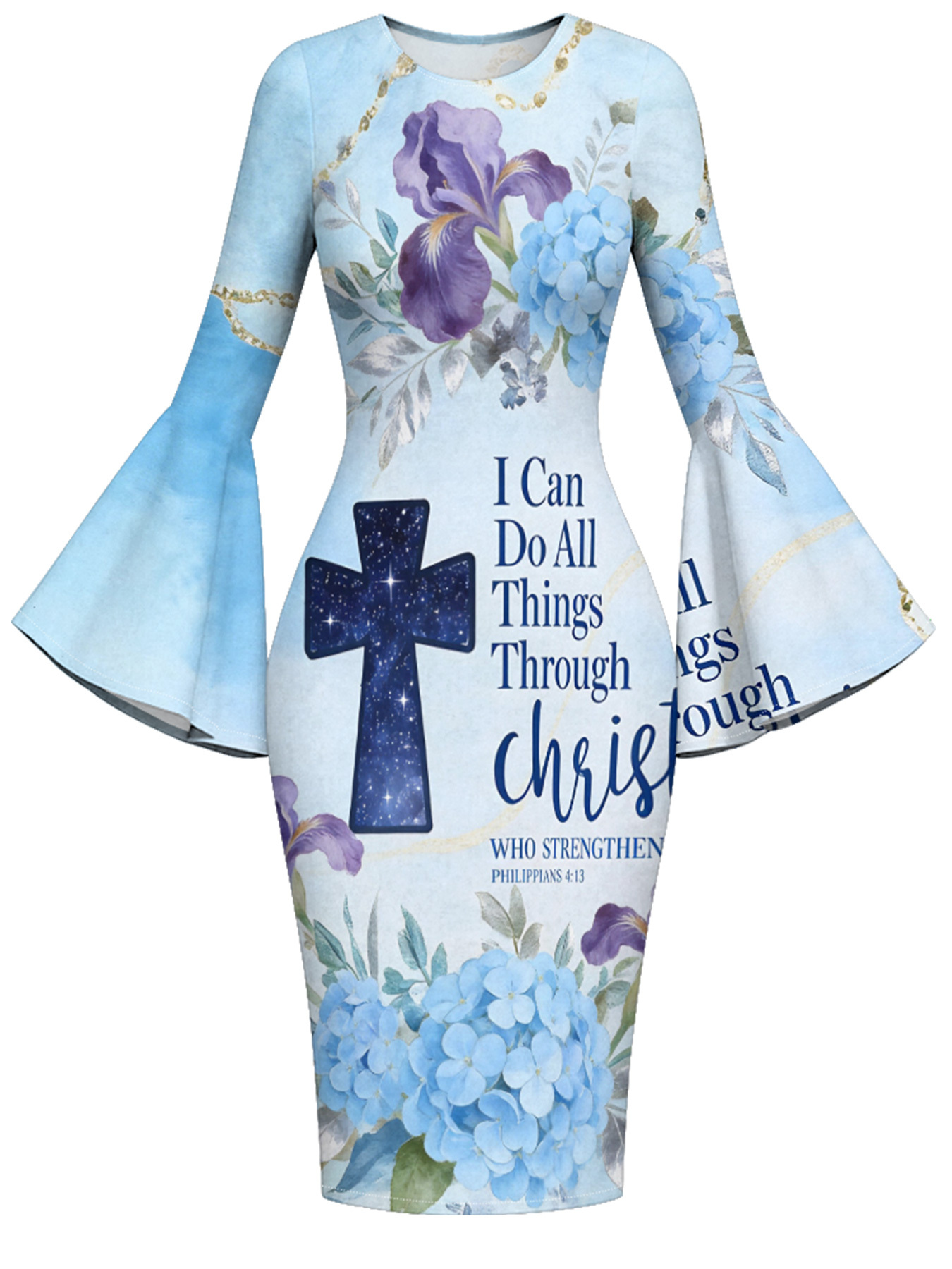 Ombre Blue Galaxy Cross Easter Flare Sleeve Bodycon Midi Dress