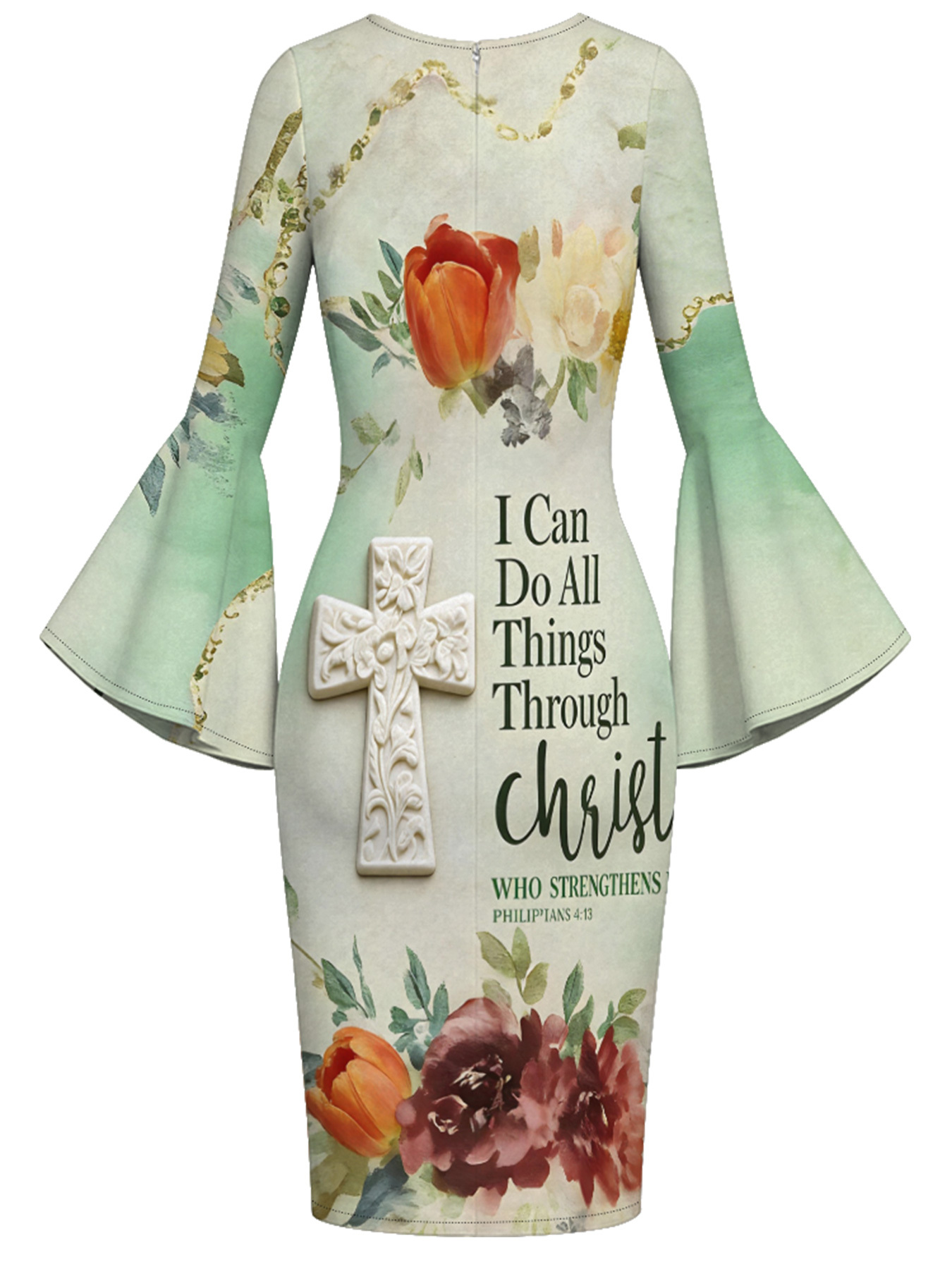 Sage Green Vintage Cross Easter Flare Sleeve Bodycon Midi Dress