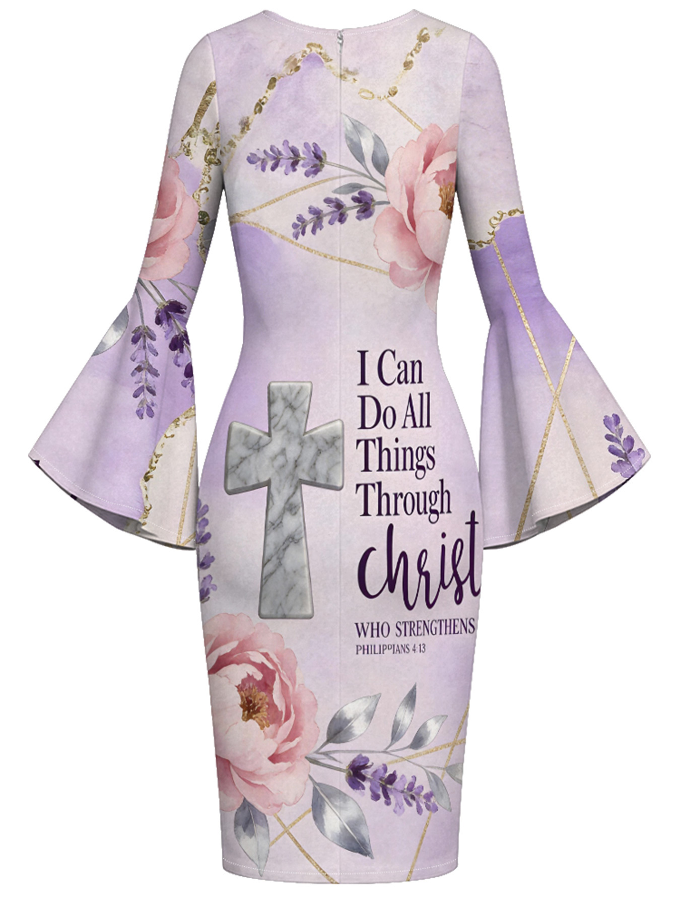 Pastel Purple Marble Cross Easter Flare Sleeve Bodycon Midi Dress
