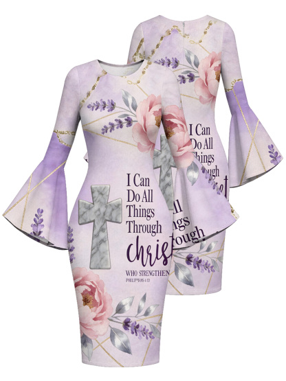 Pastel Purple Marble Cross Easter Flare Sleeve Bodycon Midi Dress