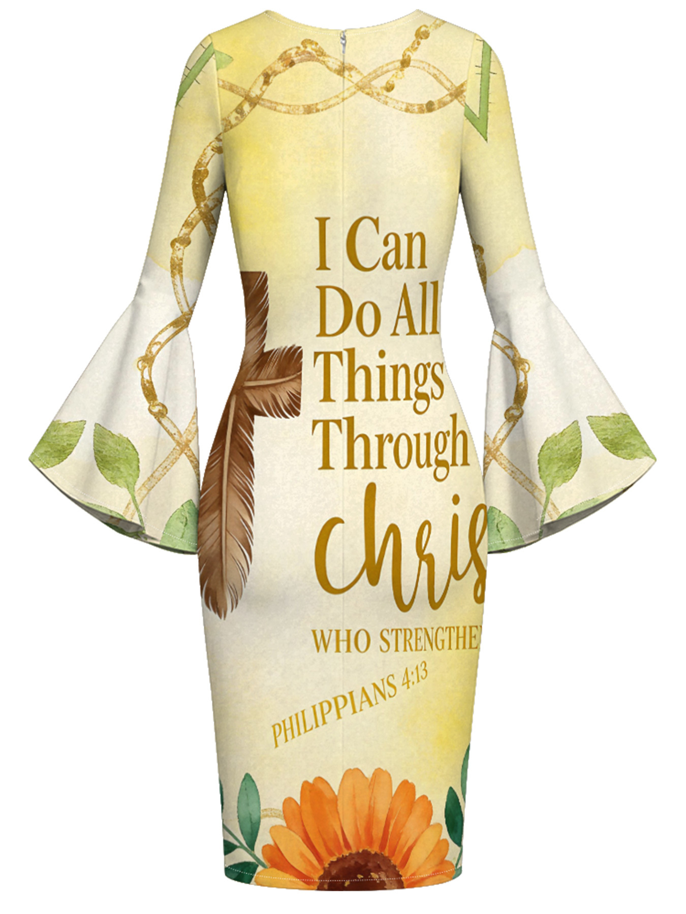 Butter Yellow Feather Cross Easter Flare Sleeve Bodycon Midi Dress