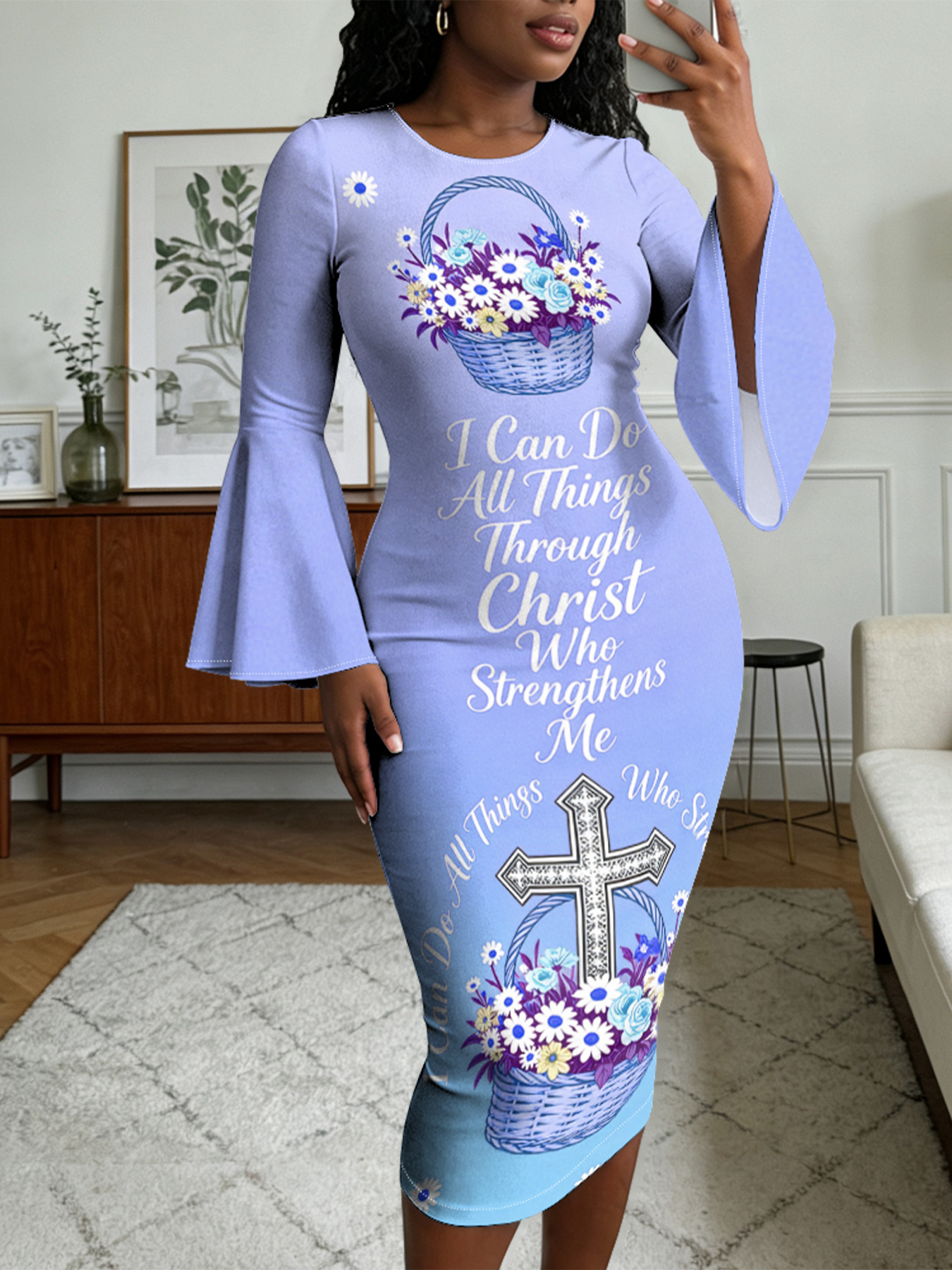 Periwinkle Blue Floral Basket Cross Easter Flare Sleeve Bodycon Midi Dress