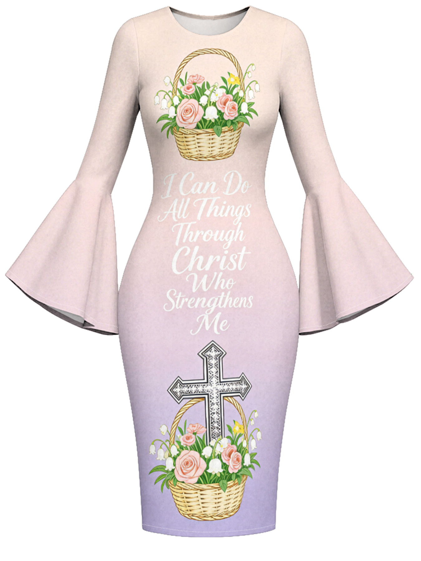 Lavender Ombre Rose Cross Easter Flare Sleeve Bodycon Midi Dress