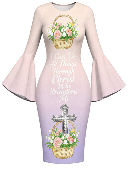 Lavender Ombre Rose Cross Easter Flare Sleeve Bodycon Midi Dress