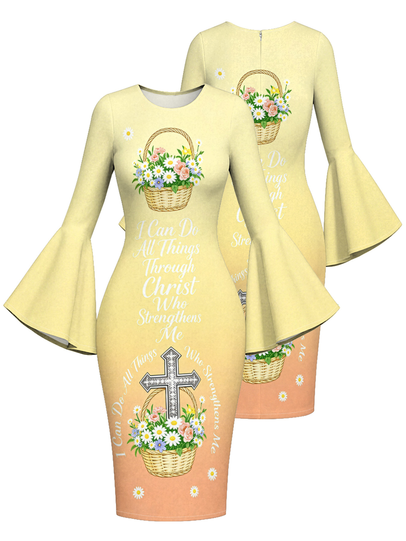 Butter Yellow Floral Basket Cross Easter Flare Sleeve Bodycon Midi Dress