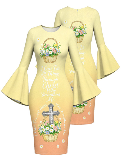 Butter Yellow Floral Basket Cross Easter Flare Sleeve Bodycon Midi Dress