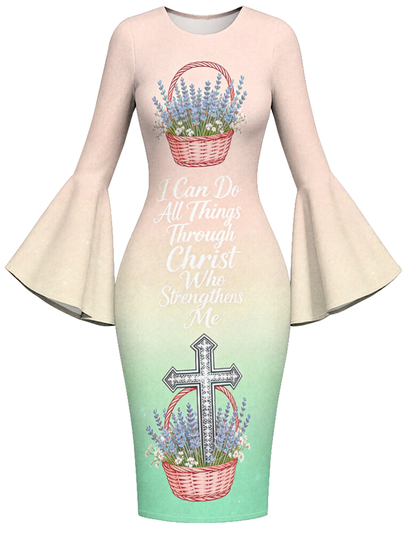 Ombre Pink-Green Lavender Cross Easter Flare Sleeve Bodycon Midi Dress