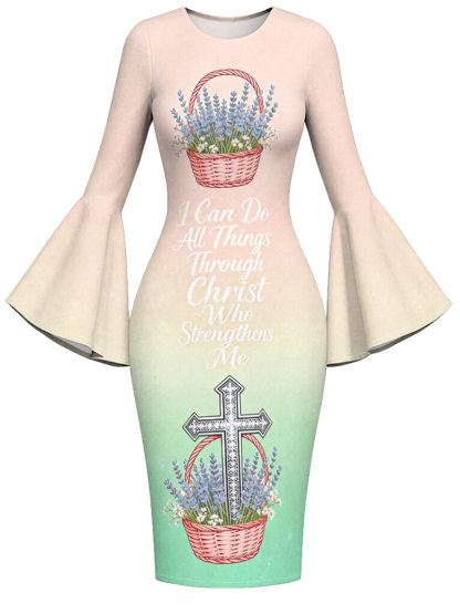 Ombre Pink-Green Lavender Cross Easter Flare Sleeve Bodycon Midi Dress