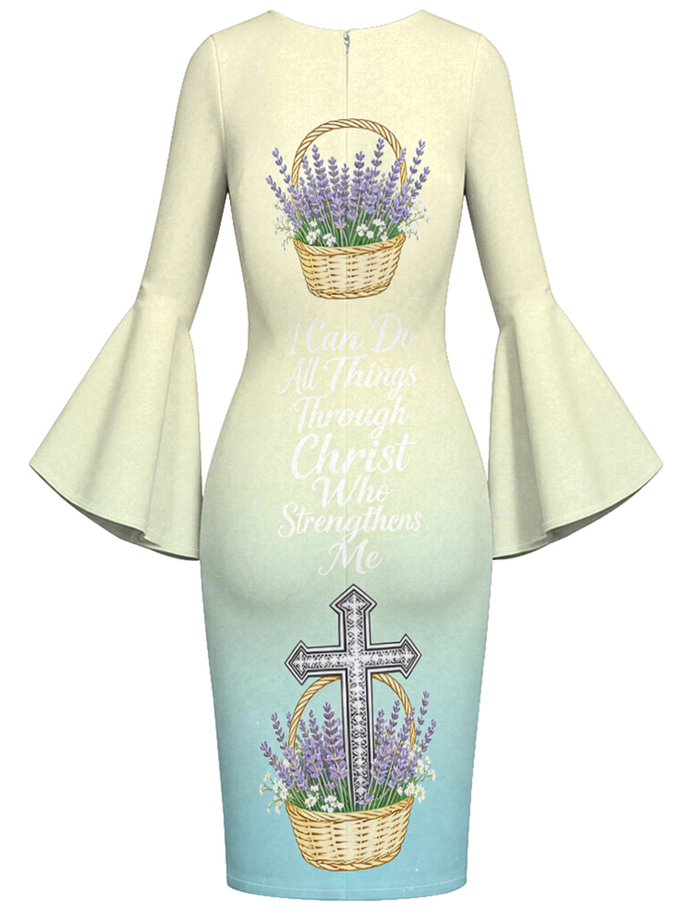 Mint Ombre Lavender Cross Easter Flare Sleeve Bodycon Midi Dress