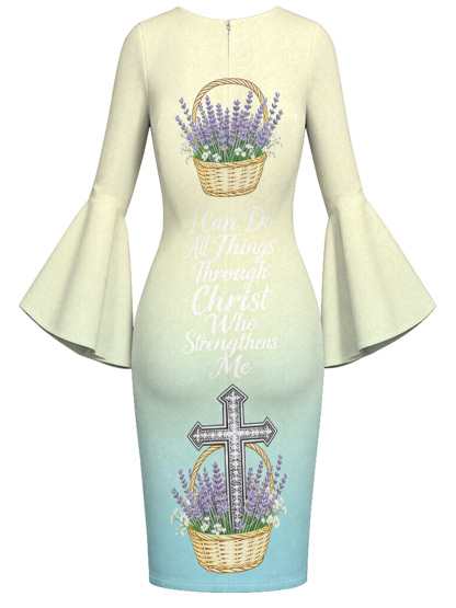 Mint Ombre Lavender Cross Easter Flare Sleeve Bodycon Midi Dress