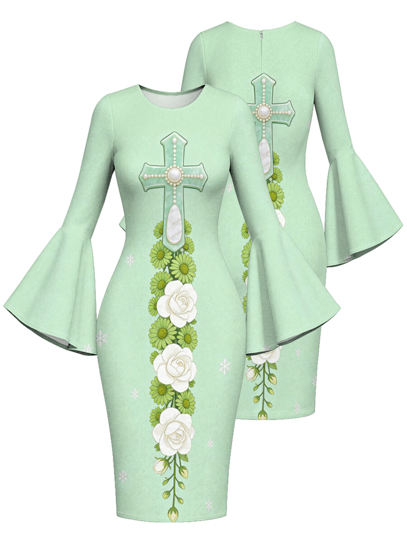 Mint Green Pearl Cross Easter Flare Sleeve Bodycon Midi Dress