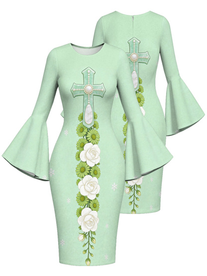 Mint Green Pearl Cross Easter Flare Sleeve Bodycon Midi Dress