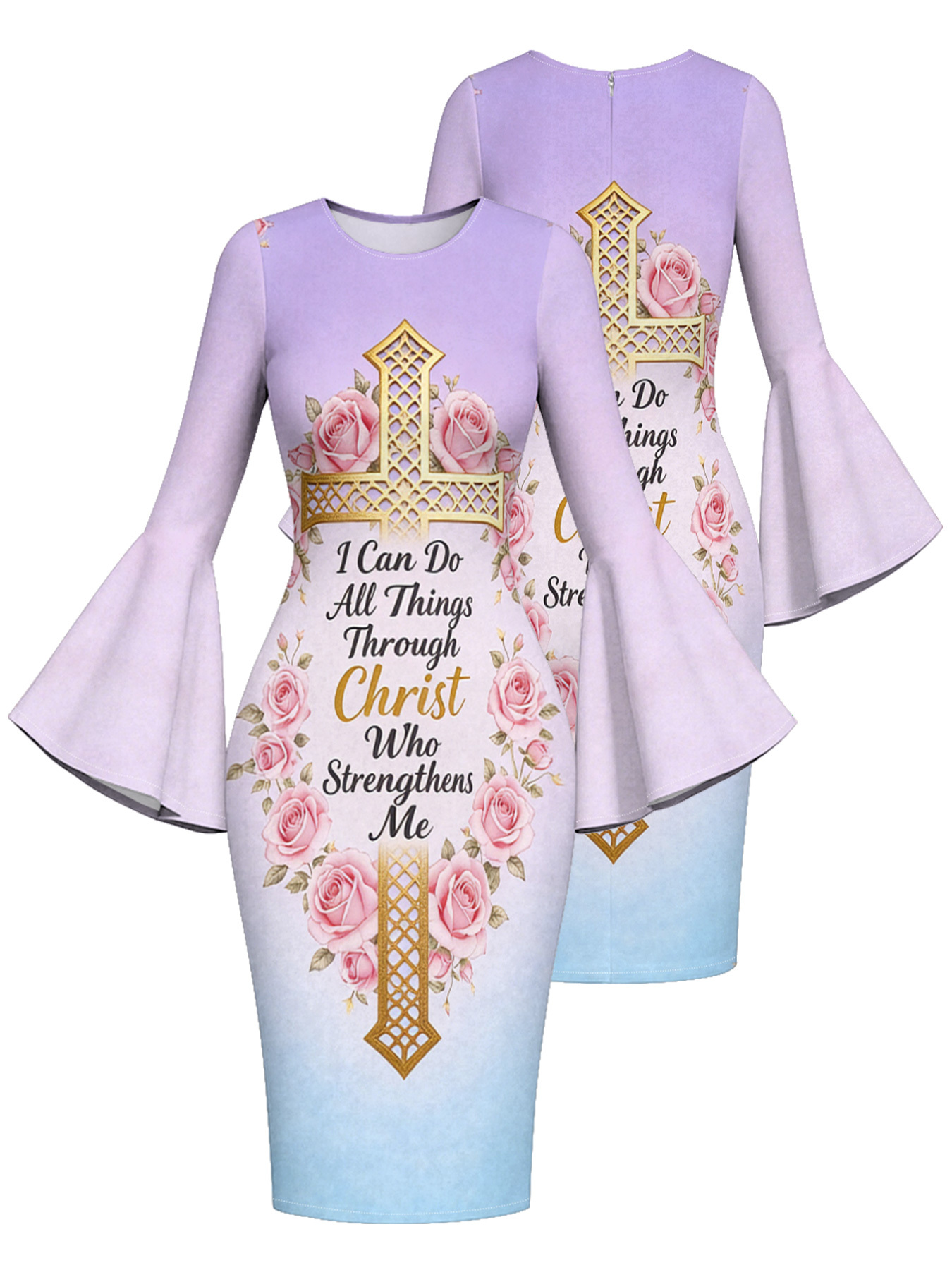 Ombre Purple-Blue Gold Cross Easter Flare Sleeve Bodycon Midi Dress