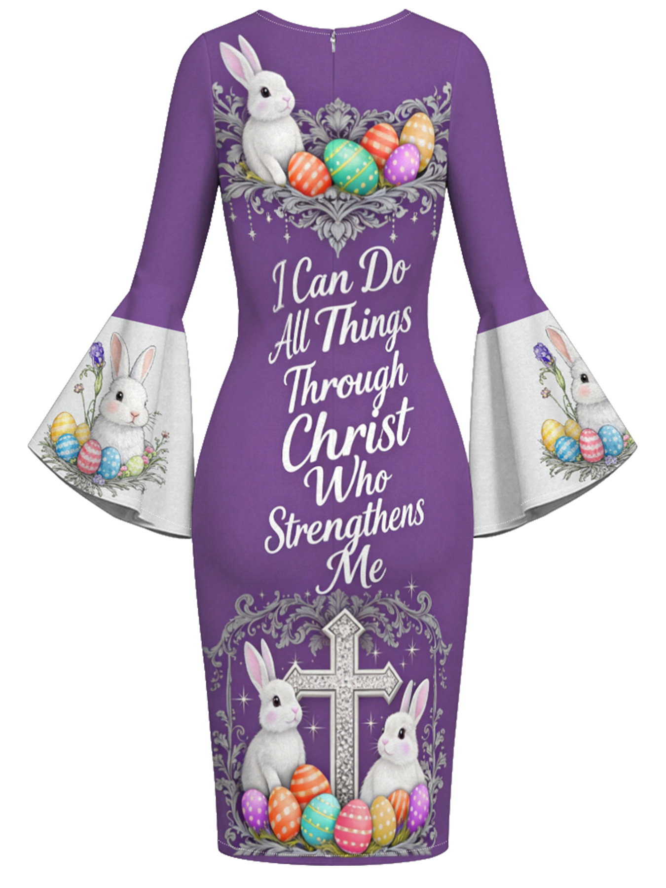 Purple Easter Bunny Cross  Easter Flare Sleeve Bodycon Midi Dress