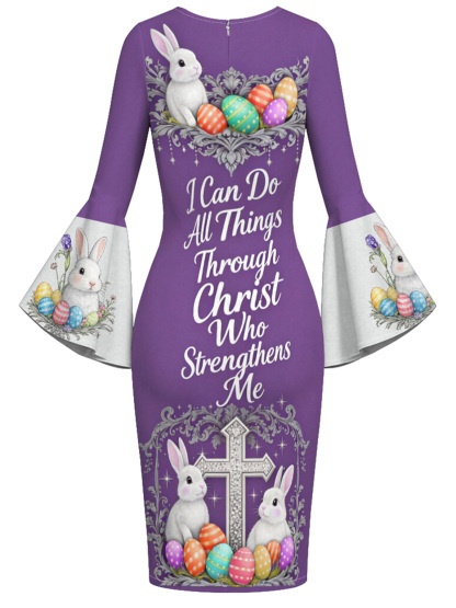 Purple Easter Bunny Cross  Easter Flare Sleeve Bodycon Midi Dress
