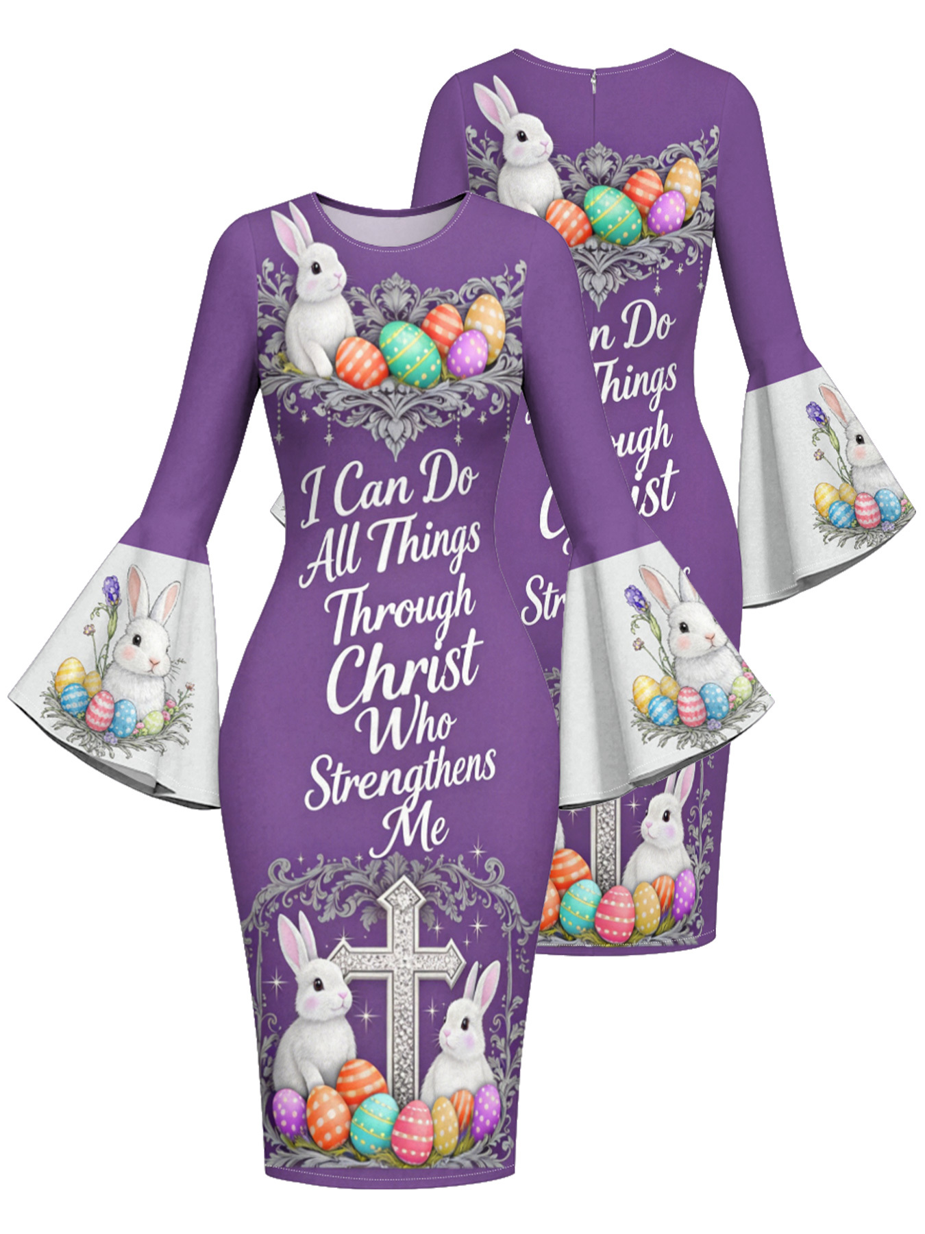 Purple Easter Bunny Cross  Easter Flare Sleeve Bodycon Midi Dress