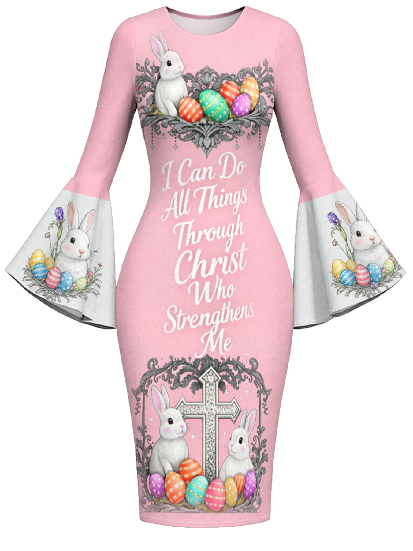 Blush Pink Easter Bunny Cross Easter Flare Sleeve Bodycon Midi Dress