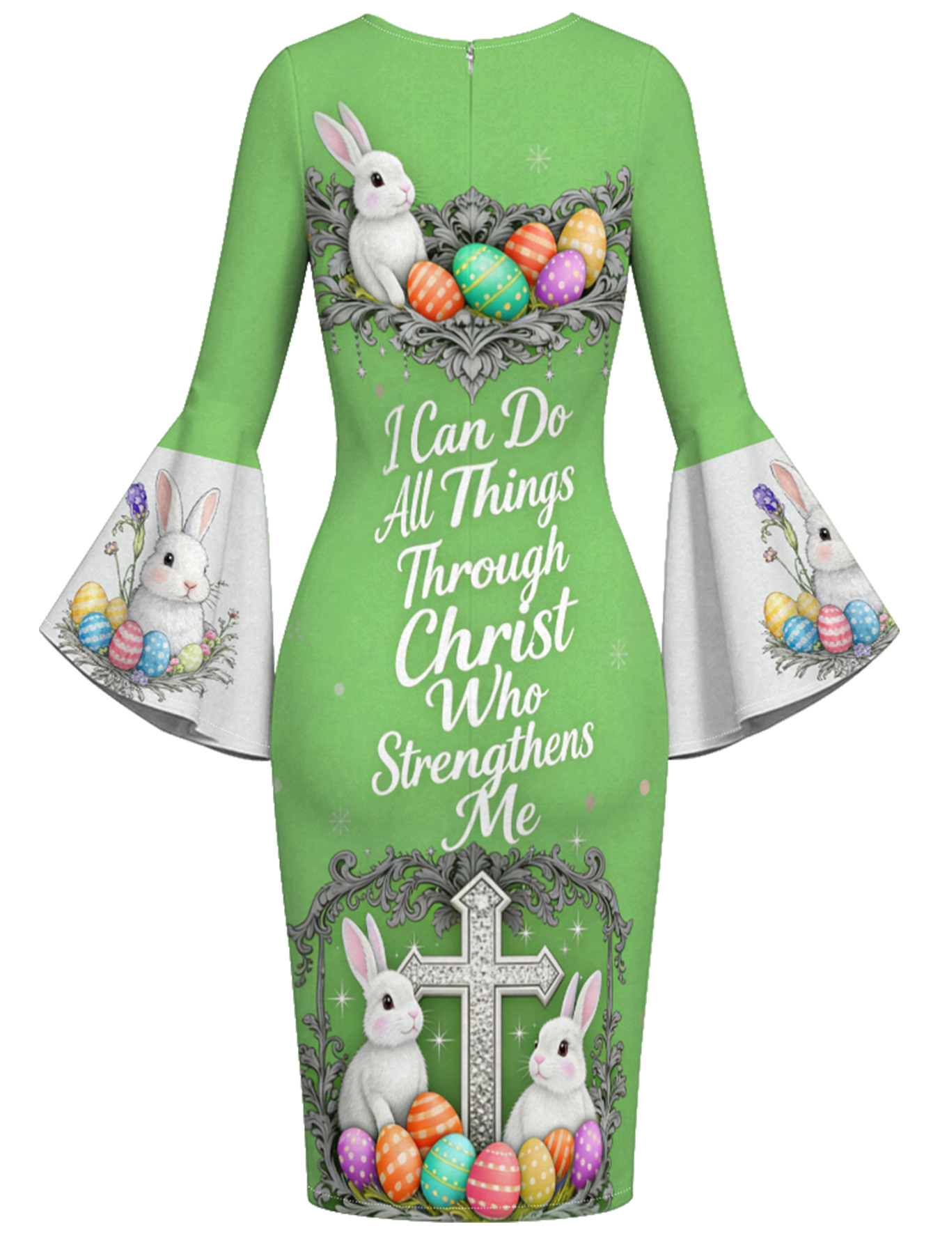 Fresh Green Easter Bunny Cross Easter Flare Sleeve Bodycon Midi Dress