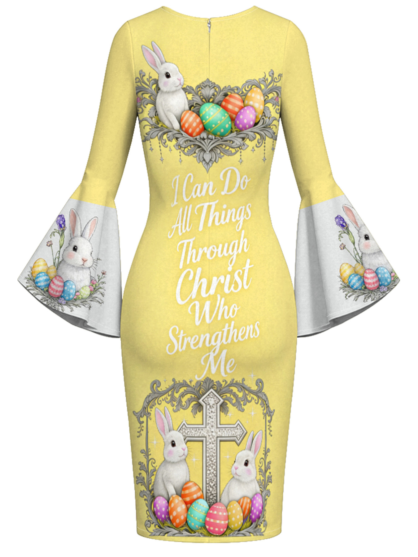 Sunny Yellow Easter Bunny Cross Easter Flare Sleeve Bodycon Midi Dress