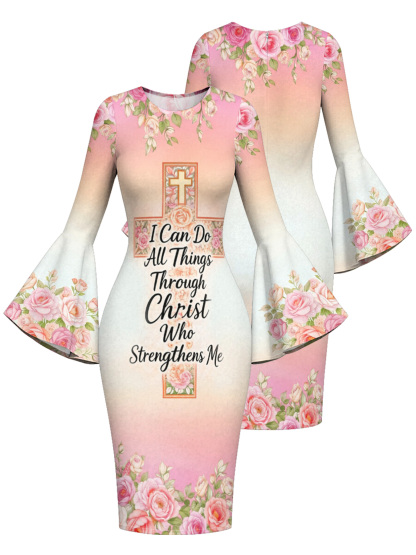 Pink Floral Cross Scripture Easter Flare Sleeve Bodycon Midi Dress JIHB2863