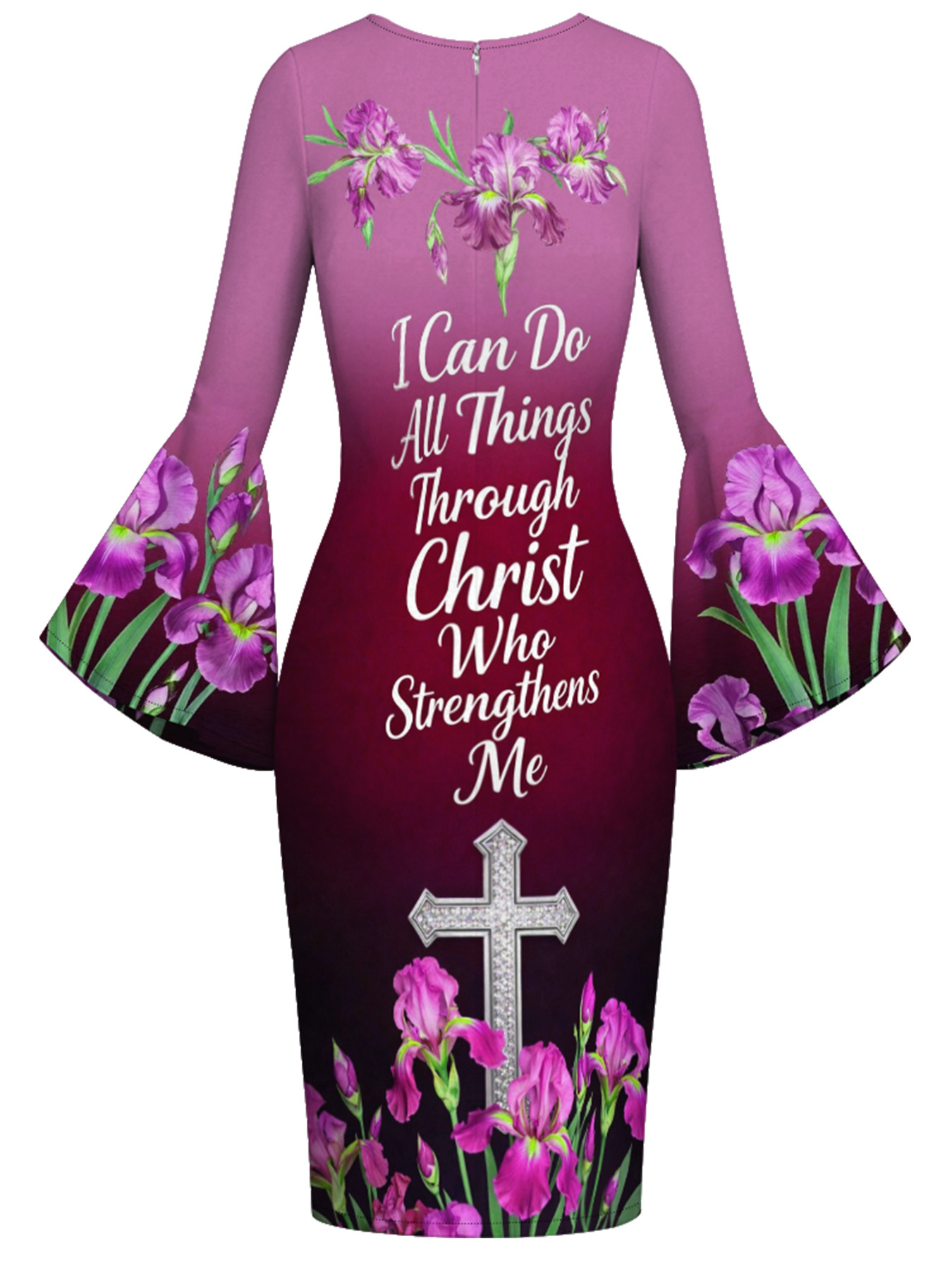 Burgundy Iris Floral Cross Scripture Easter Flare Sleeve Bodycon Midi Dress JIHB2863